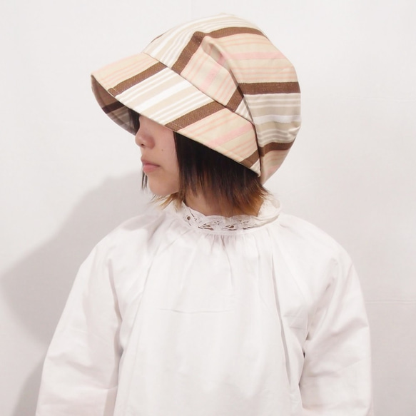 【SALE】ピッコロ・ワイド・ストライプ/Sサイズ ベージュ キャスケット たためる帽子 風に飛ばない帽子 UV対策 1枚目の画像