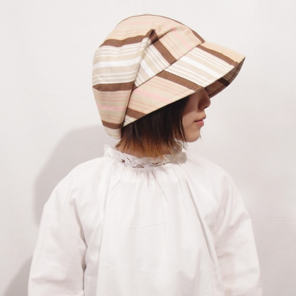 【SALE】ピッコロ・ワイド・ストライプ/Sサイズ ベージュ キャスケット たためる帽子 風に飛ばない帽子 UV対策 4枚目の画像