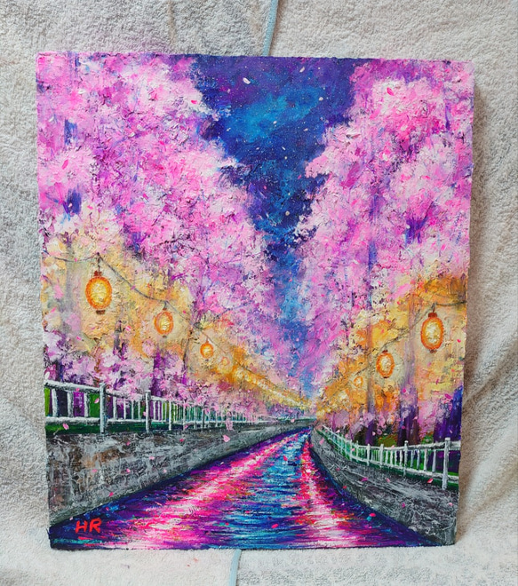 油絵 横河川の夜桜 1枚目の画像