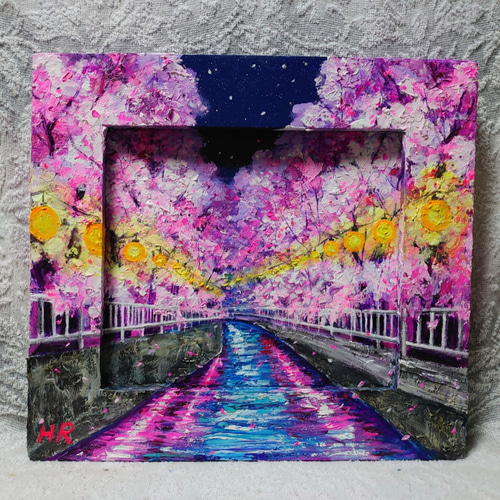 油絵 絵画【夜桜の灯り】