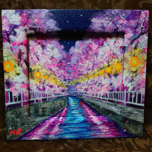 夜桜】アクリル画 F3 風景画 絵画 (アクリル/キャンバスF3 夜桜】アクリル画 F3 風景画 絵画 (アクリル/キャンバスF3