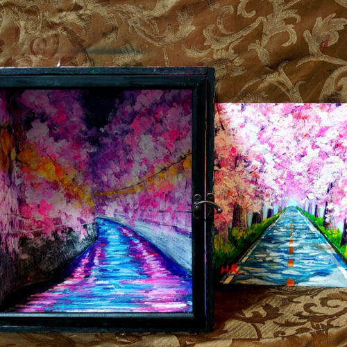 油絵 絵画 【手作りボックス】【桜】 油絵 絵画 【手作りボックス】【桜】
