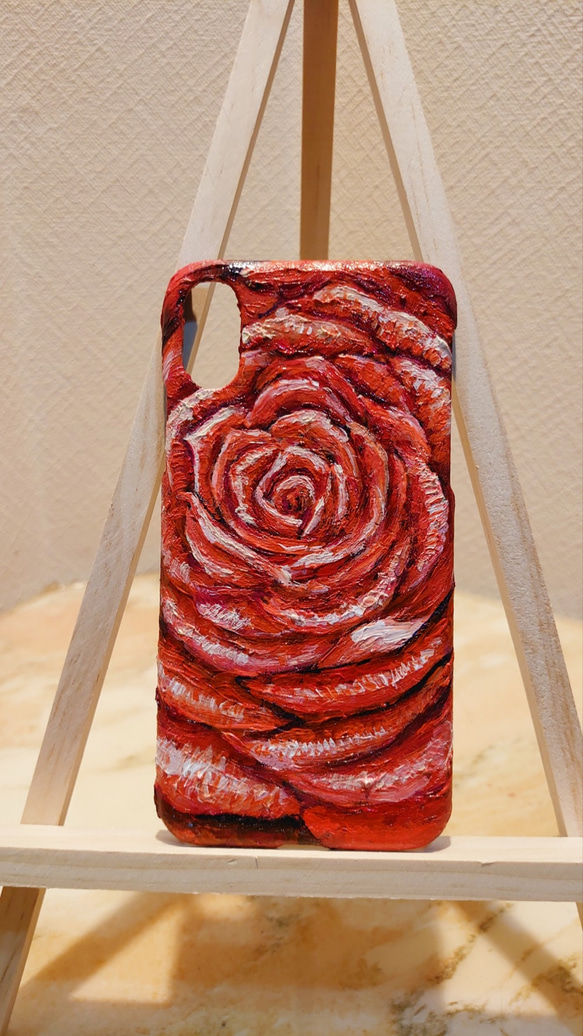 油絵 手作りスマホケース【赤い薔薇】iPhoneX/XS 1枚目の画像