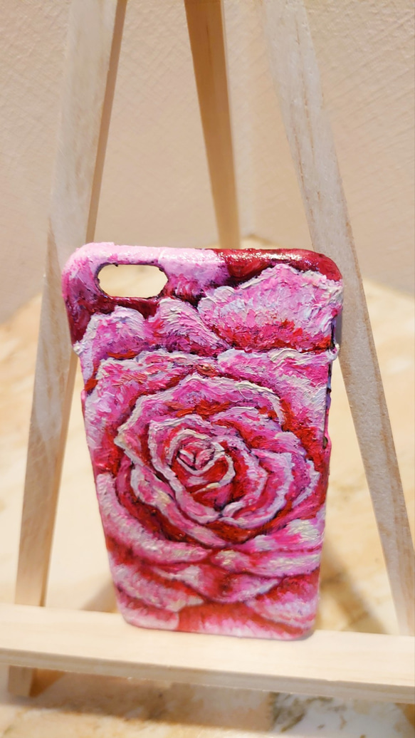 油絵 手作りスマホケース【ピンク薔薇】iPhone6 3枚目の画像