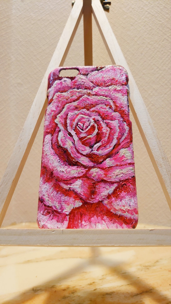 油絵 手作りスマホケース【ピンク薔薇】iPhone6 4枚目の画像