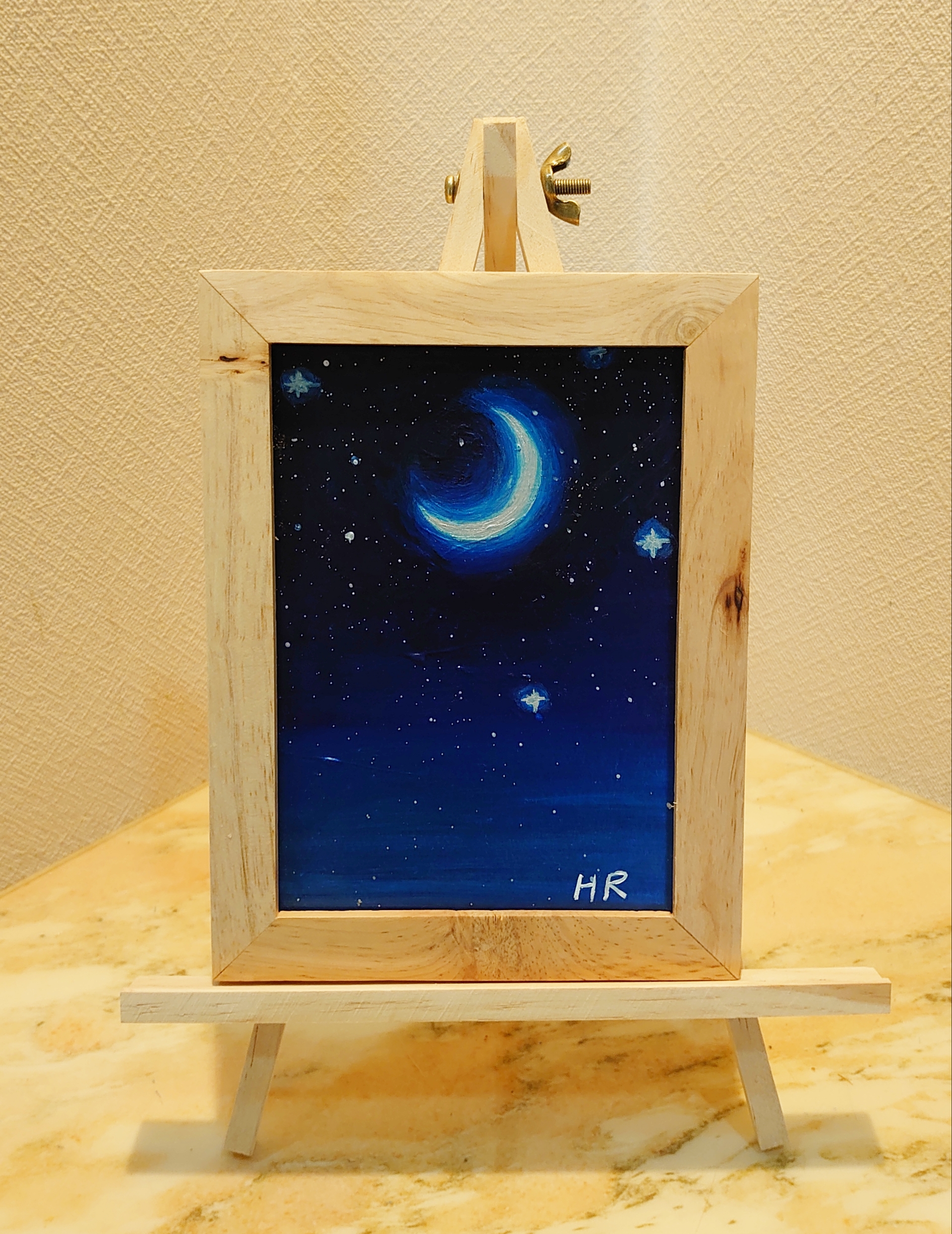額付き油彩画　冬の三日月 額付き油彩画　冬の三日月