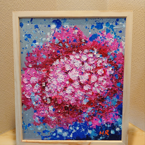 絵画 油絵 原画 一点物 花 紫陽花 ブルー 可憐 ポップ SM 絵画 油絵