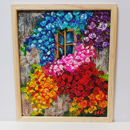 油絵 絵画【バラの先に見える海】