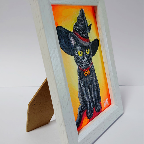 油絵 ハガキ絵画額付き【ハロウィンの黒猫】 絵画 HR 通販