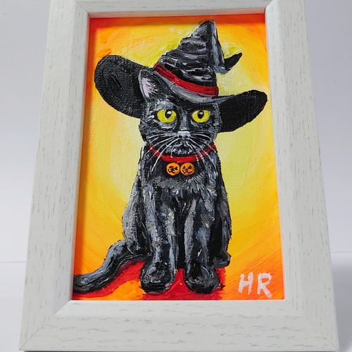 油絵 ハガキ絵画額付き【ハロウィンの黒猫】 絵画 HR 通販