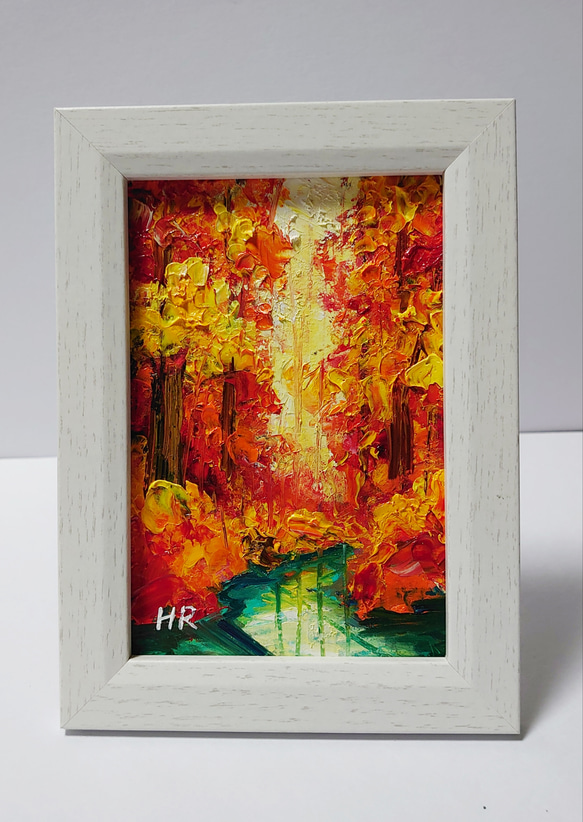 油絵 ハガキ絵画額付き【紅葉の湖】 絵画 HR 通販｜Creema(クリーマ 