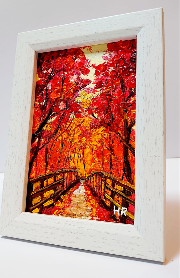 油絵 ハガキ絵画額付き【紅葉の橋】 絵画 HR 通販 12419713