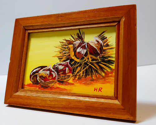 ロシアリクガメ　額付きミニ絵画　油彩 ロシアリクガメ 額付きミニ絵画 油彩