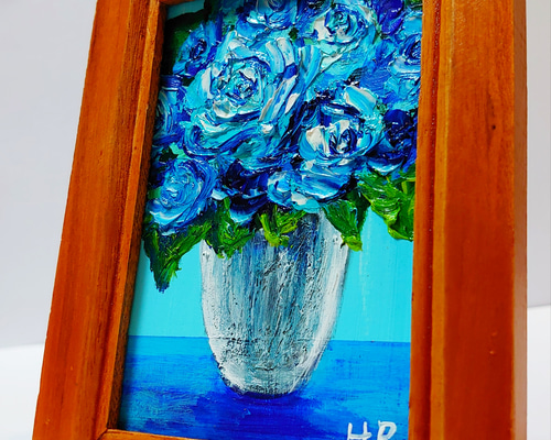 油絵 バラ 額付き 油絵 ミニ絵画額付き【青い薔薇】 絵画 HR 通販 12482520