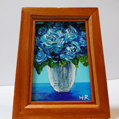 大幅値下げ 絵画 油彩画 エレガント 青 薔薇 花の絵 インテリア 額付き
