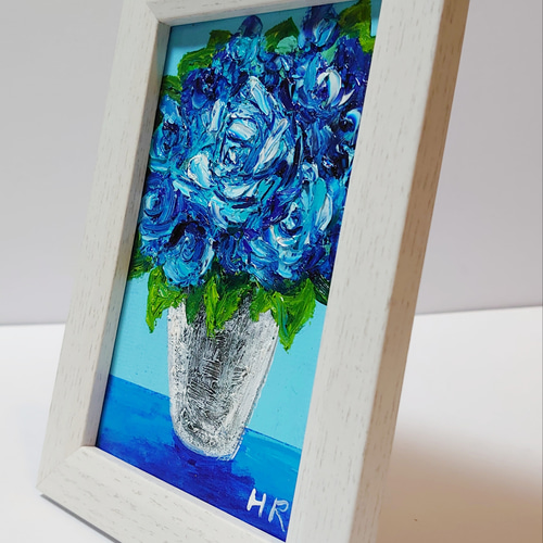 大幅値下げ　絵画　油彩画　エレガント　青　薔薇　花の絵　インテリア　額付き　豪華 大幅値下げ絵画油彩画エレガント青薔薇花の絵インテリア額付き豪華
