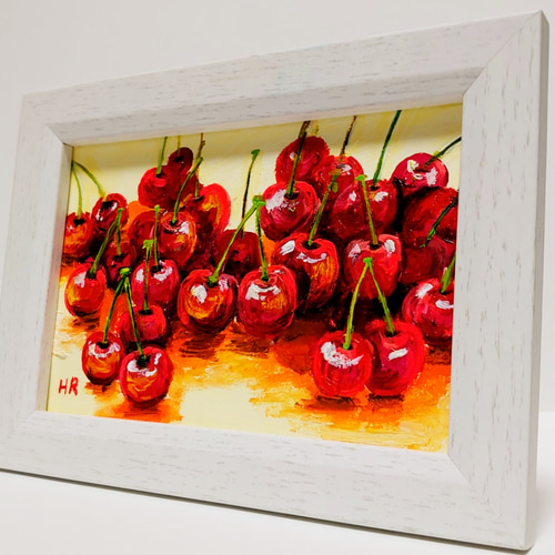 絵画　題名「母」油絵 油絵 ハガキ絵画額付き【さくらんぼ】 絵画 HR 通販 12592186