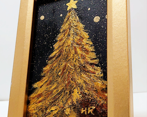油絵 油彩 油彩画 絵 絵画 ミニ絵画【黄金クリスマスツリー】