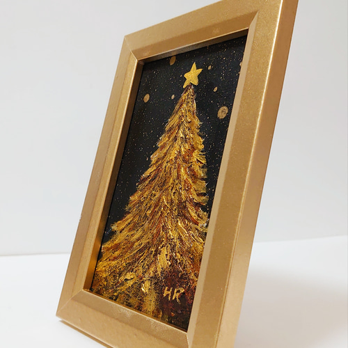 油絵 ハガキ絵画額付き【黄金クリスマスツリー】 絵画 HR 通販