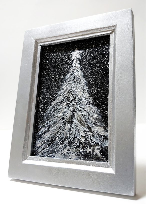 油絵 ミニ絵画【銀色クリスマスツリー】