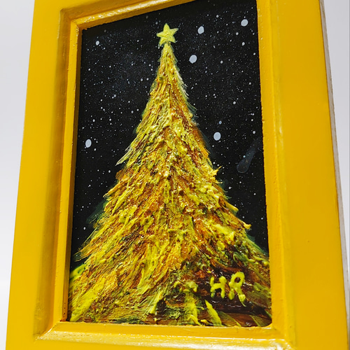 油絵 ミニ絵画額付き【黄色クリスマスツリー】 絵画 HR 通販 