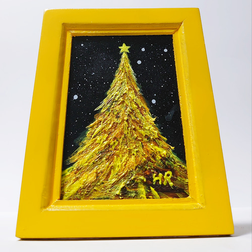 油絵 ミニ絵画額付き【黄色クリスマスツリー】 絵画 HR 通販