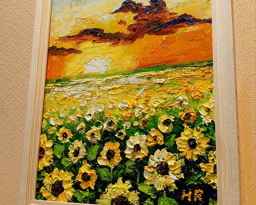 油絵 油彩 油彩画 絵 絵画【夕日のひまわり畑】 | HIROSHI1990