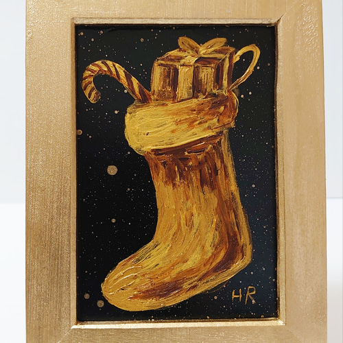 油絵 ミニ絵画【クリスマス靴下】