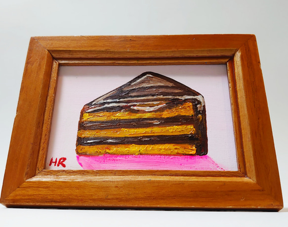 油絵 ミニ絵画額付き【チョコケーキ】 5枚目の画像