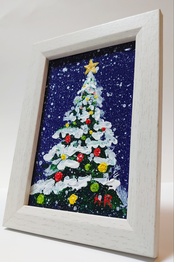油絵 ハガキ絵画額付き【雪のクリスマスツリー】 絵画 HR 通販