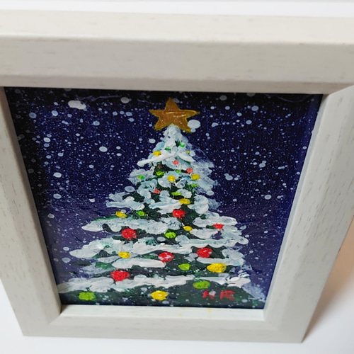油絵 ハガキ絵画額付き【雪のクリスマスツリー】 絵画 HR 通販