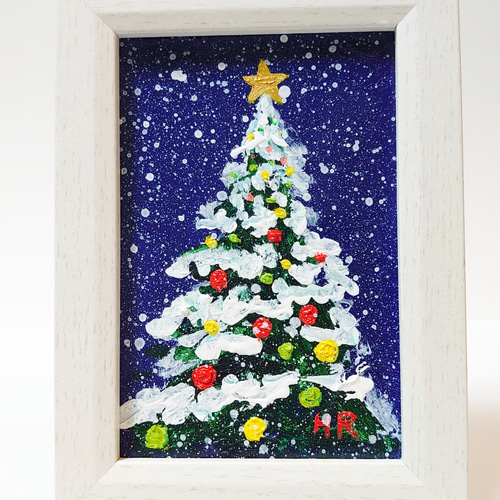 油絵 ハガキ絵画額付き【雪のクリスマスツリー】 絵画 HR 通販