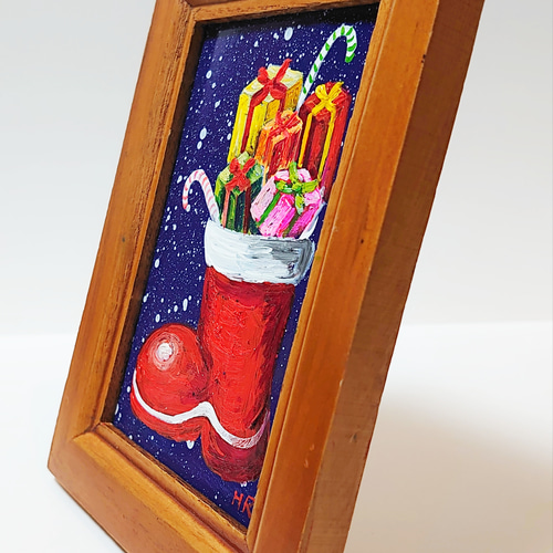 油絵 ミニ絵画【クリスマス靴下】