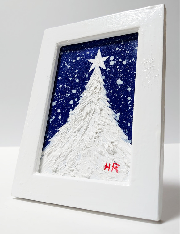 油絵 ミニ絵画額付き【白クリスマスツリー】 絵画 HR 通販 12875142