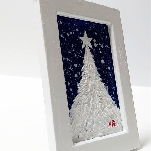 油絵 ミニ絵画額付き【白クリスマスツリー】 絵画 HR 通販 12875142