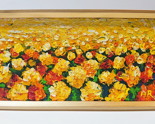 キャンバス油絵 クーちゃん様専用 黄色のお花畑が広がる小道