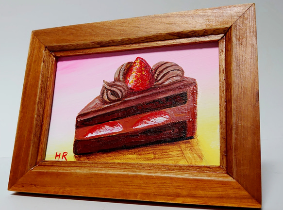 油絵 ミニ絵画【いちごチョコレートケーキ】