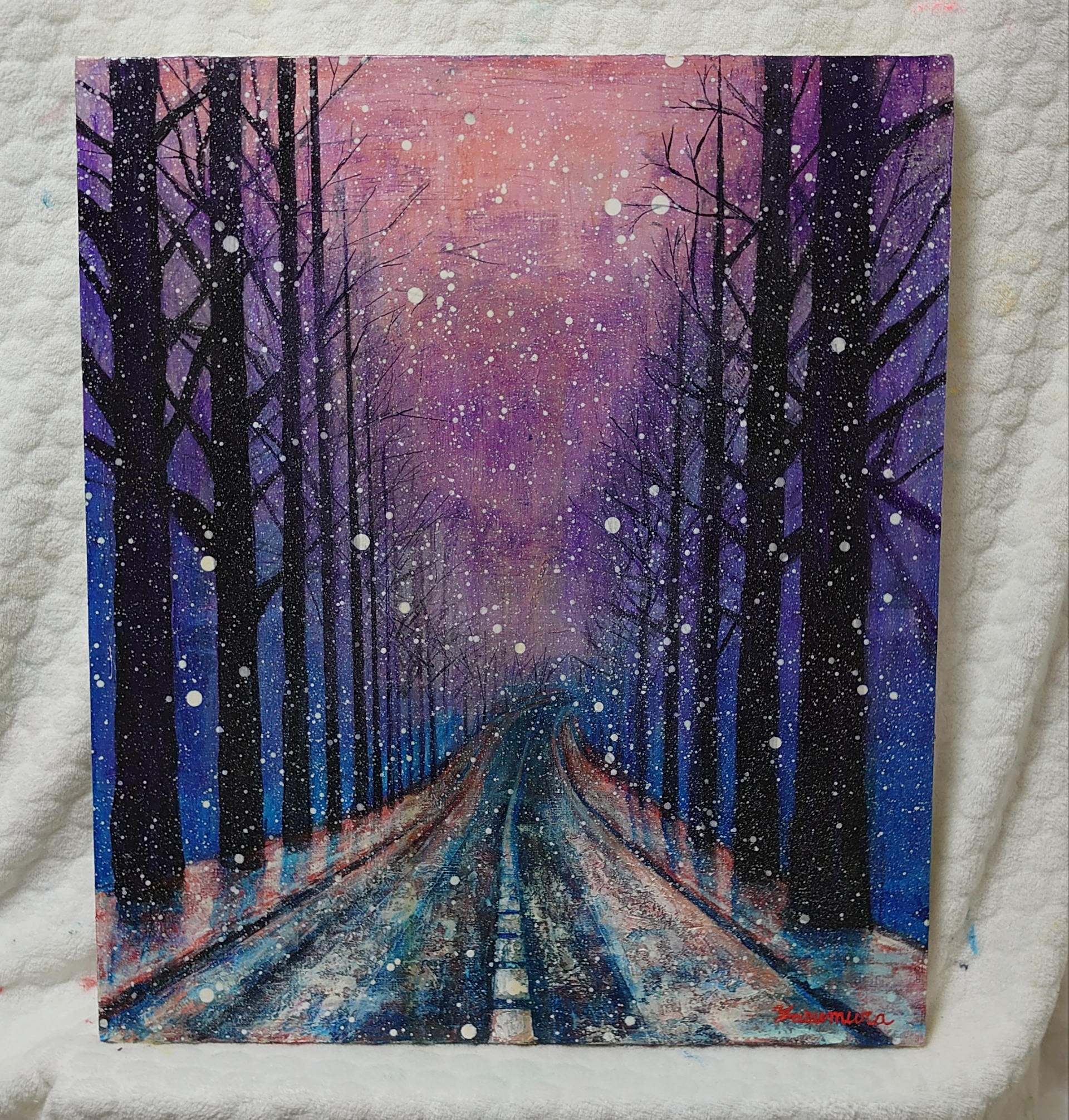 油絵 絵画【冬】 ヴィンテージの雪景色の冬景色油絵：額入りサイン入りA.エドマン
