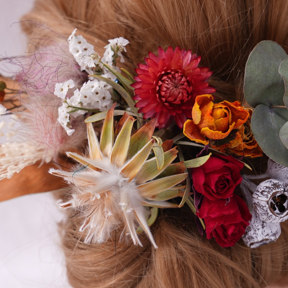 【ドライフラワー】レッド系花材ベースの髪飾り　ヘッドドレス　卒業式　結婚式 3枚目の画像