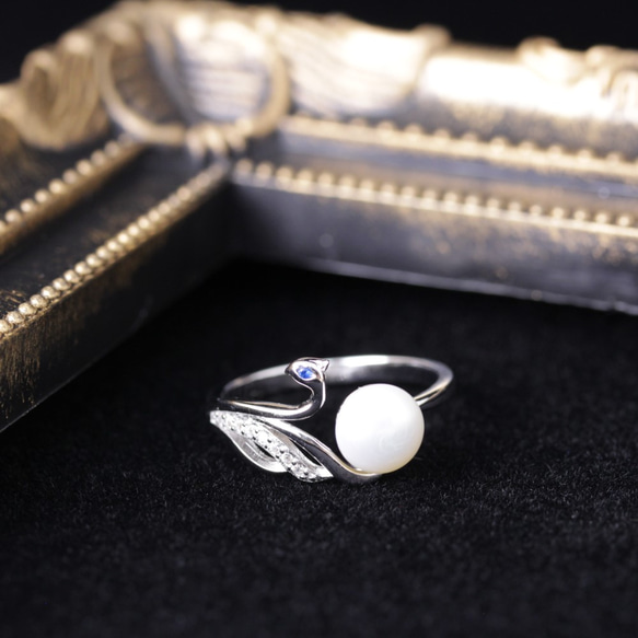 SV-925 白鳥(スワン)一華やかなリング ジルコニアとパール シルバー指輪#201005 2枚目の画像