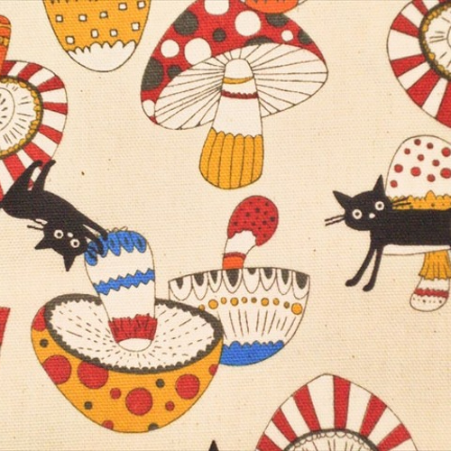 オックス 生地 布【50×110cm】きのこ 黒猫 ネコ 生成 生地 手づくり創