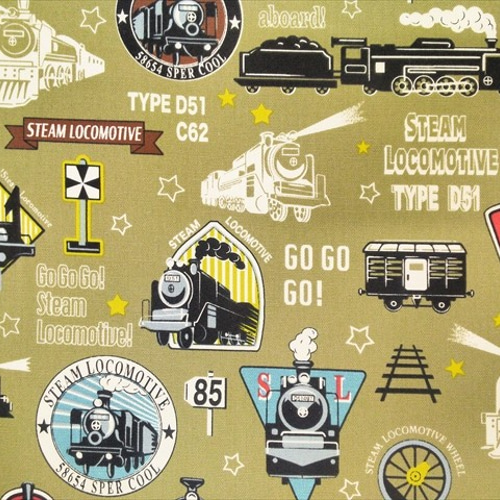 オックス 生地 布【50×110cm】電車 SL 機関車 エンブレム カーキ 生地