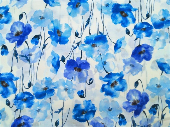 ローン 生地 布【50×110cm】綺麗 花柄 大人 水彩画風 青 ブルー