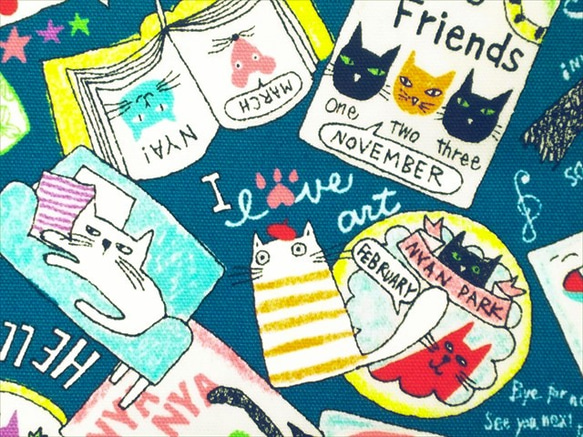 オックス生地 布【50×110cm】 ねこ 猫柄 ネコ 本 ステッカー カジュアル ブルー 1枚目の画像