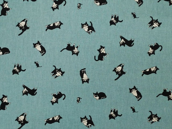 キャンバス 生地【50×110cm】 ねこ ネコ 猫 ハチワレ 黒白 シンプル 可愛い くすみブルー 1枚目の画像