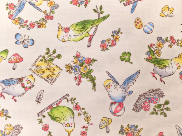 オックス 生地 布【50×110cm】インコとお花 セキセイインコ 鳥かご