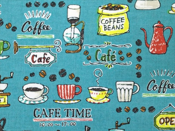 シーチング 生地 布【50×110cm】 coffee time コーヒー豆 珈琲 カフェ 喫茶店 ブルーグリーン 1枚目の画像
