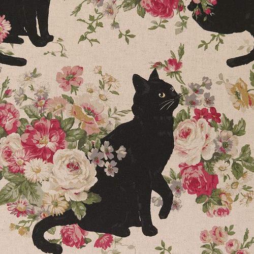 キャンバス生地【50×110cm】 薔薇と黒猫 バラ ねこ 猫 猫柄 花柄 