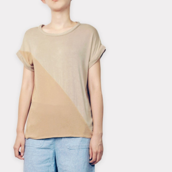 雙色絲棉小蓋袖T-Shirt - 深淺奶茶色 第2張的照片