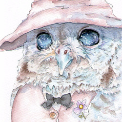 さやちゃん　きらきらポンポンニット帽のふくろう　絵画イラスト原画 さやちゃん様専用 きらきらポンポンニット帽のふくろう 絵画